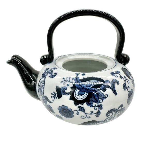Pier 1 Vintage Handpainted Porcelain Tea Pot Black Blue White Floral Design - Picture 5 of 12